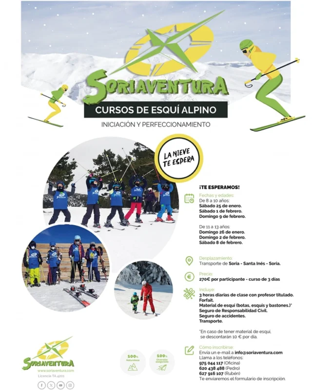 ¡Estas navidades regala momentazos en la nieve a los peques de la casa con @soriaventura !
Ya puedes coger plaza; incluye curso de 3 horas diarias con profesores titulados, transporte, material, seguros y toda la diversión del mundo 🌍

¿Cómo inscribirse? 🤔 
Envía un correo a info@soriaventura.com o llama a:
📞 975 044 117 
📱620 438 488 
📱627 916 107 

¡LA NIEVE LES ESPERA!

#esqui #esquialpino #cursos #soriaventura #nieve #soria #diversion #iniciacion #perfeccion #soriaventura #soriaestademoda